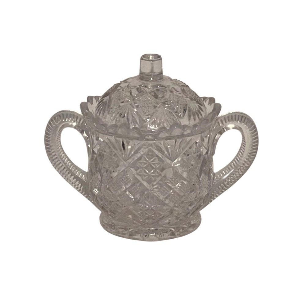 Vintage Pressed Glass Sugar Bowl With Lid Double Handle Cottagecore